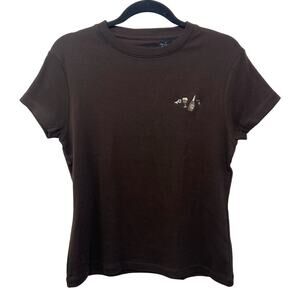 NWT‎ Kate Lord Cotton Short Sleeve Embroidered T-Shirt Crew Neck Chocolate Small